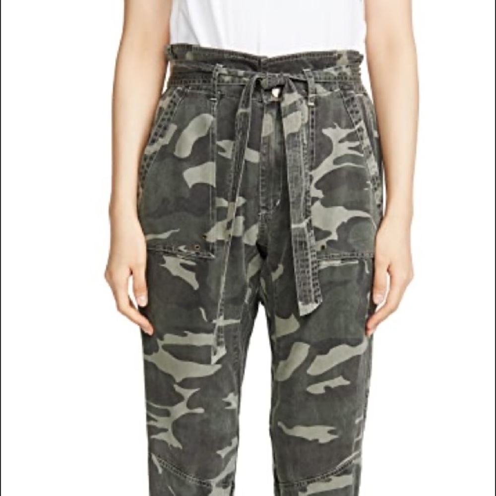 Pam and Gela folded waist camo pants.